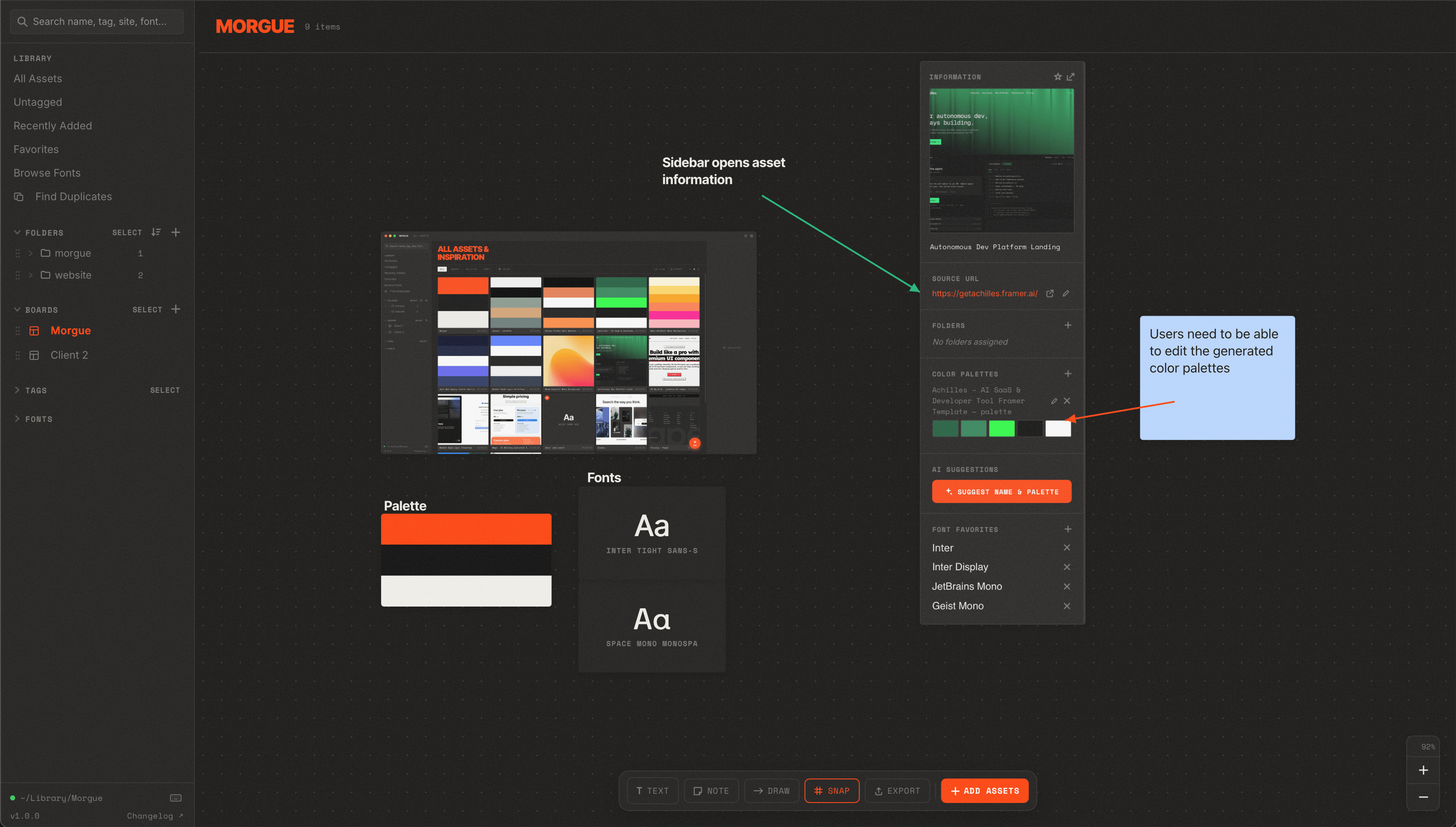A Morgue board — assets, notes, and connectors on the infinite canvas