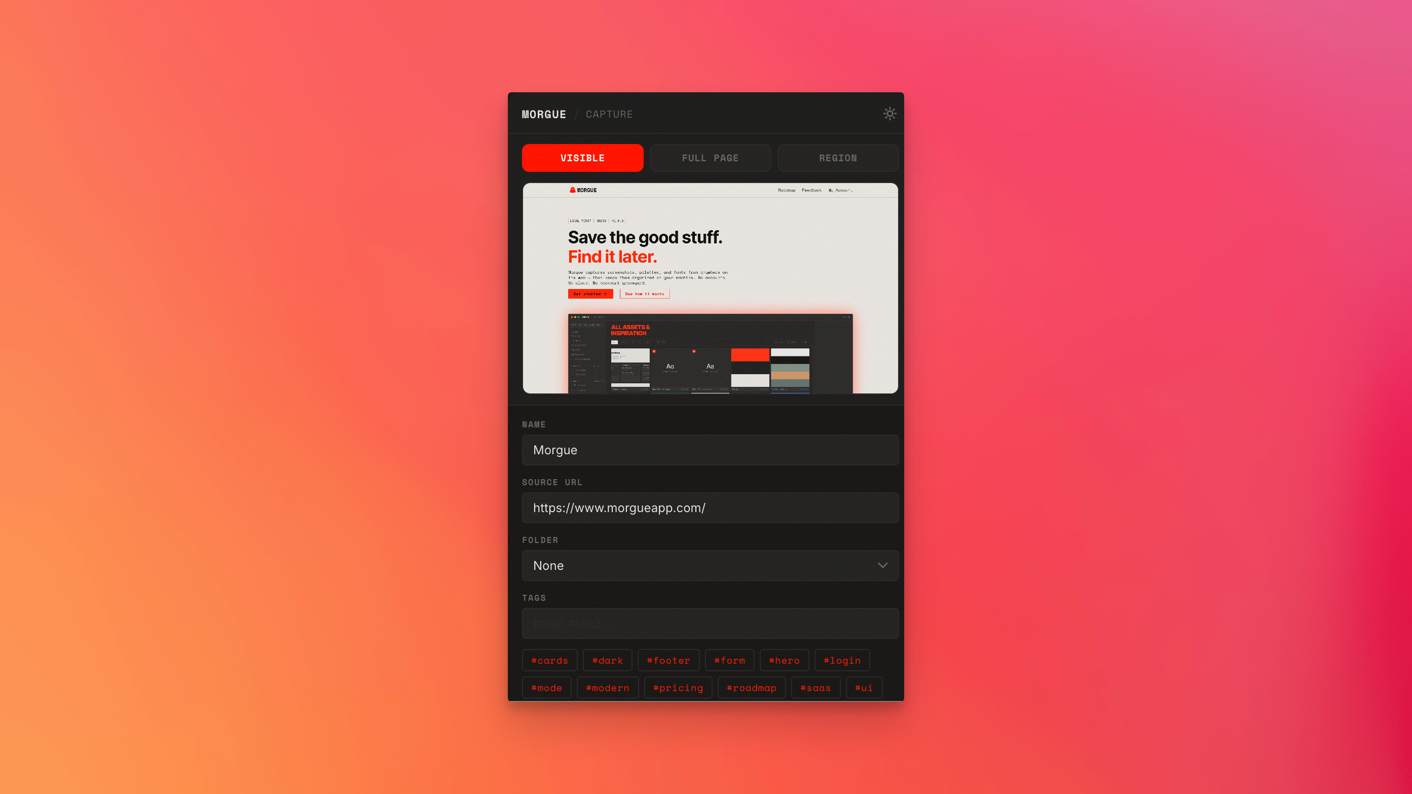 The Morgue browser extension showing the capture mode options
