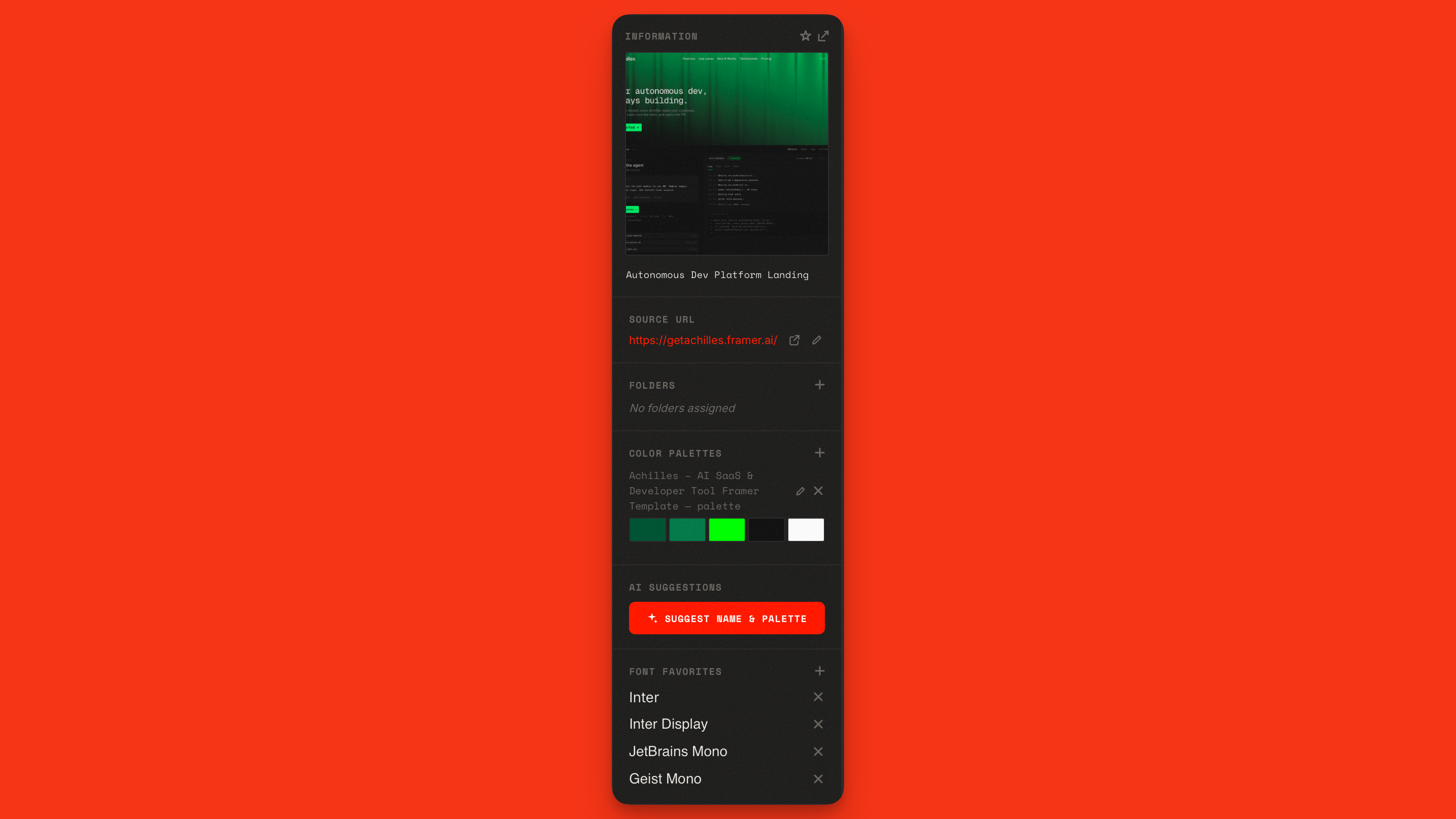 An asset's auto-extracted palette and detected fonts in the details panel