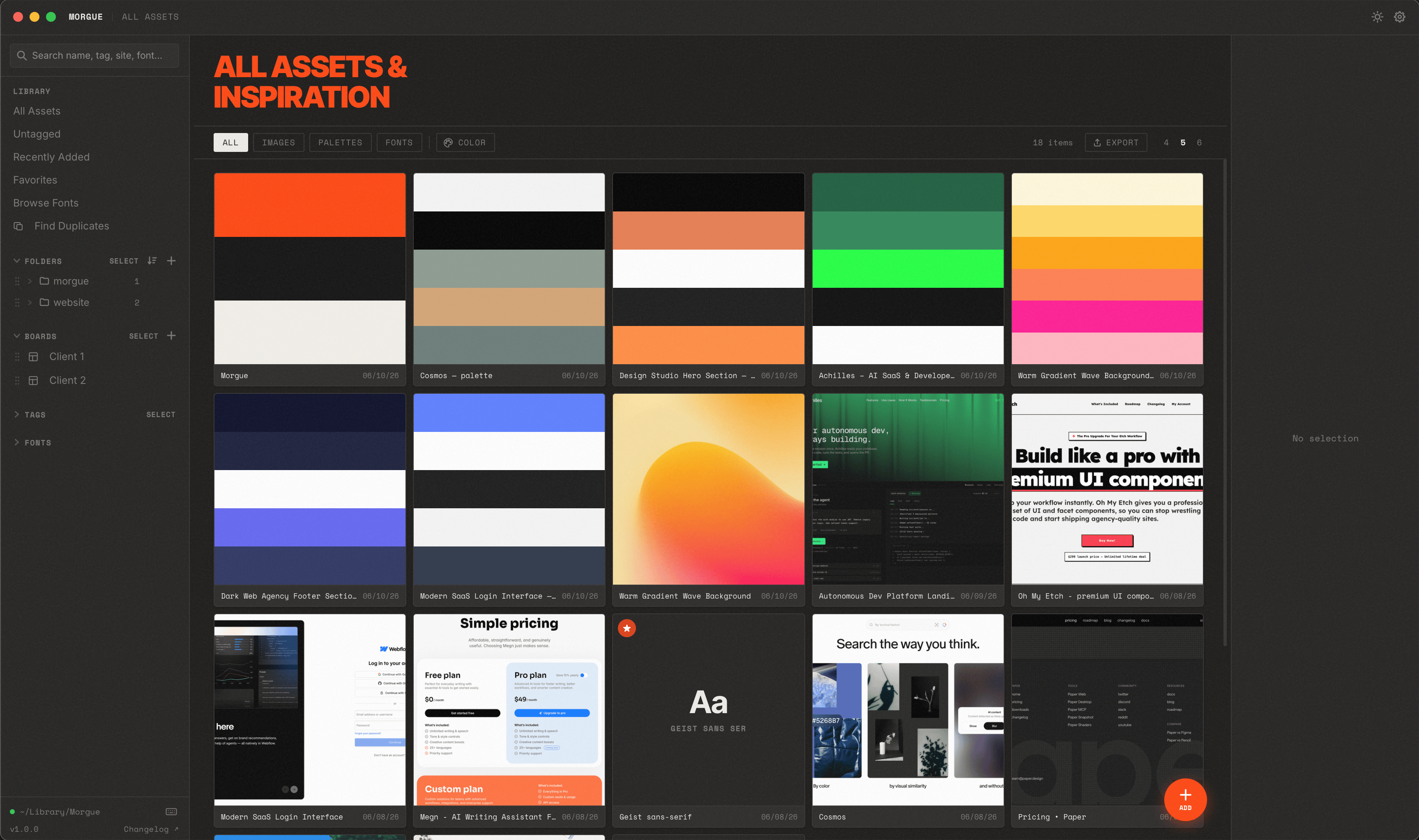 The Morgue app — library grid with the sidebar and asset details panel