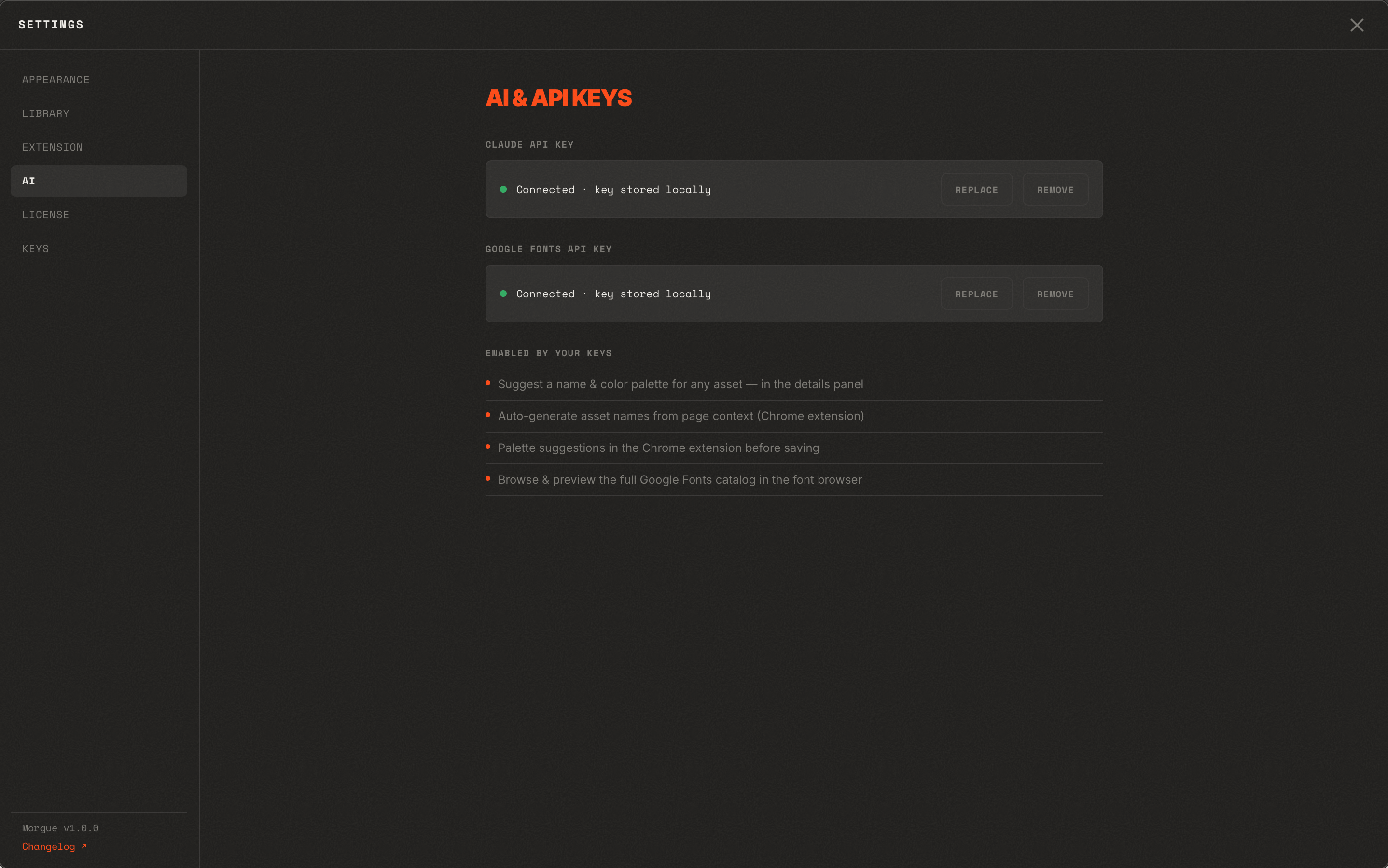The Settings → AI tab with the Claude and Google Fonts key fields